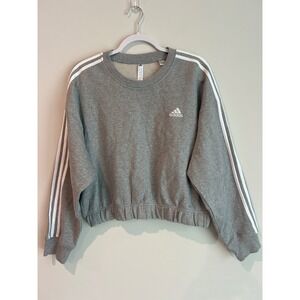 Adidas Womens Gray Cropped Sweatshirt Crewneck 3 Stripes Long Sleeve Pullover L